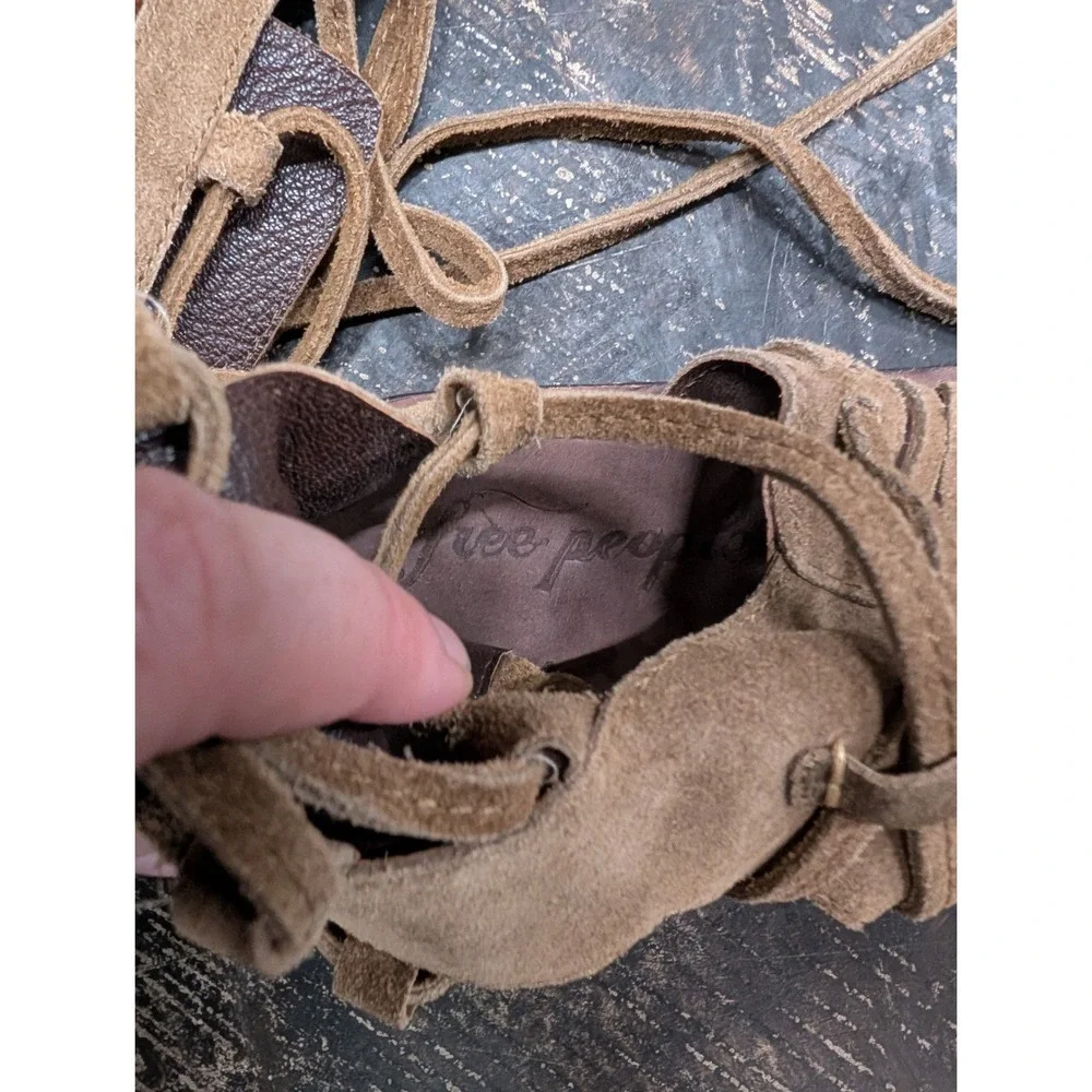 Free People Sun Seeker Tall Gladiator Sandals Tan Suede Lace Up Tassel Boho- 8.5